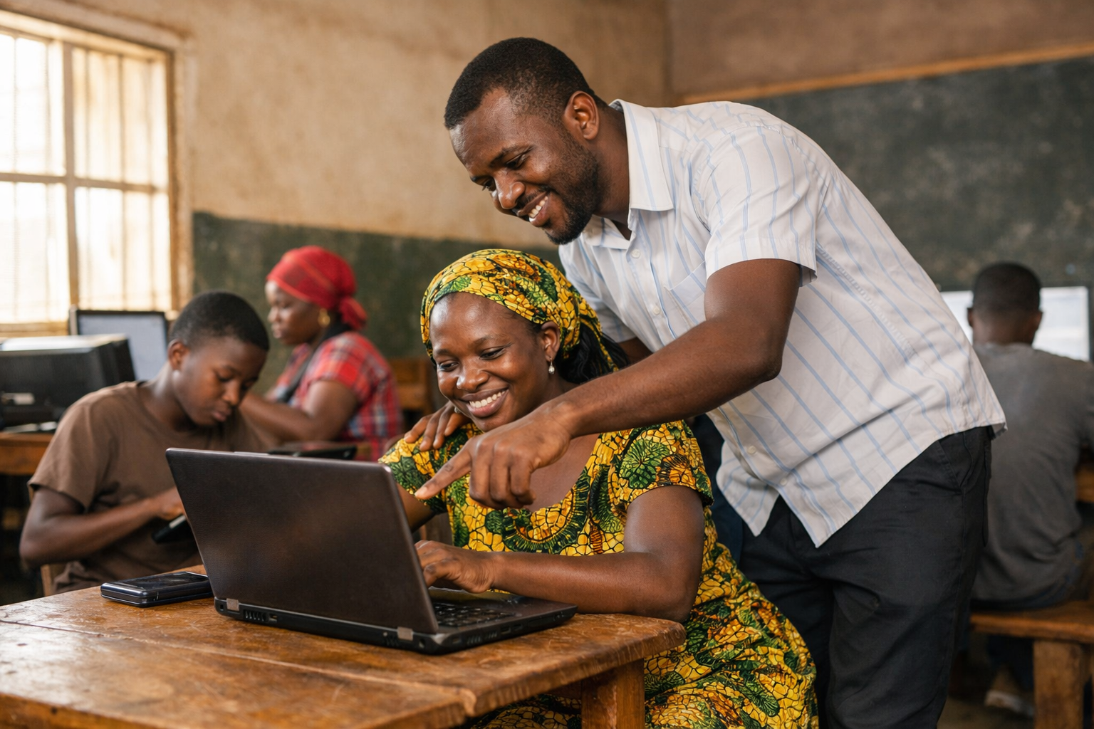 Moses working with small business owners during a community technology session